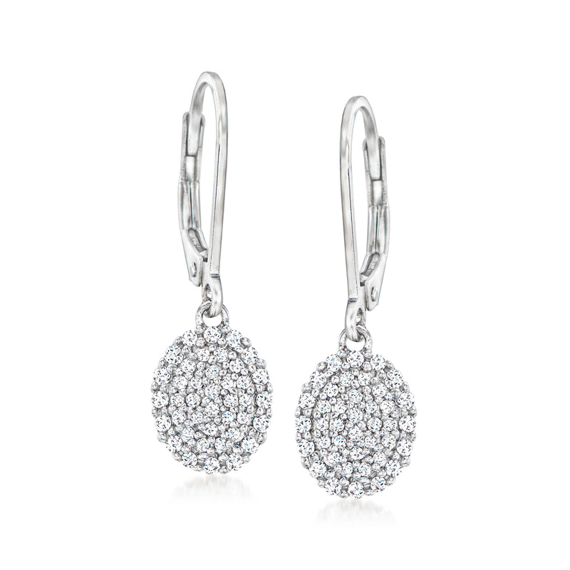 Oval cluster diamond drop earrings in sterling silver with leverback closures