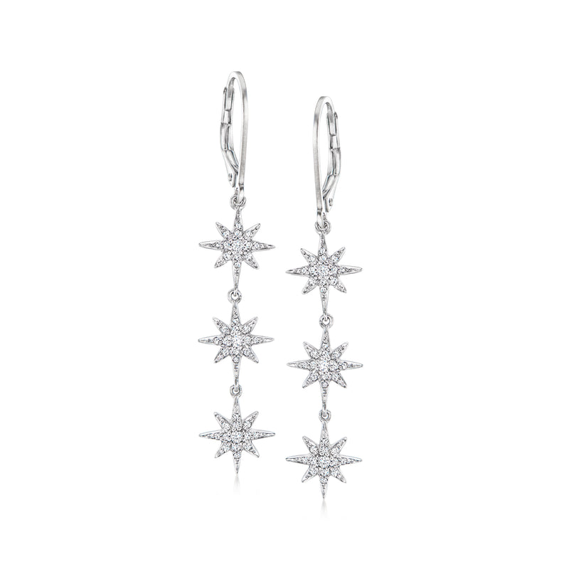 Sterling silver drop earrings with three starburst diamond accents and leverback closures