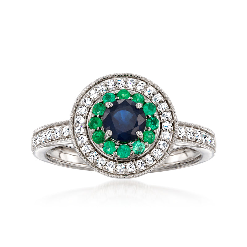 Emerald and diamond ring with blue sapphire center in 14kt white gold