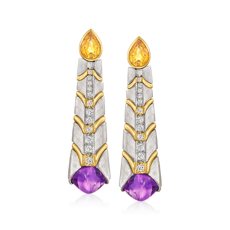 Platinum and 18kt yellow gold drop earrings with diamond accents, citrine and amethyst