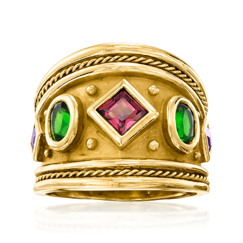 Vintage 18kt yellow gold ring with square multicolor gemstone and two green oval stones