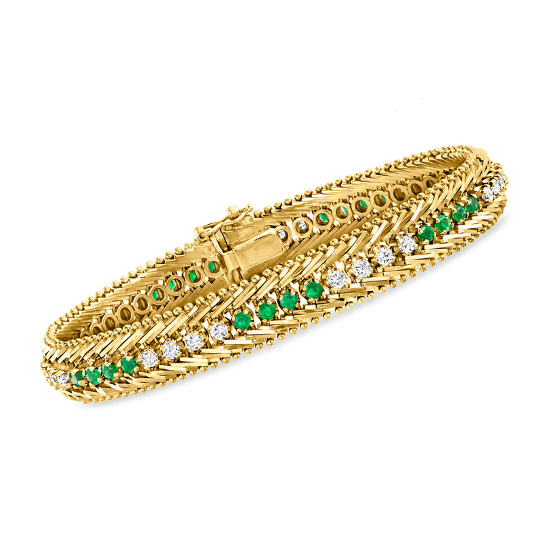 Yellow gold bracelet with green emerald stones and diamond accents