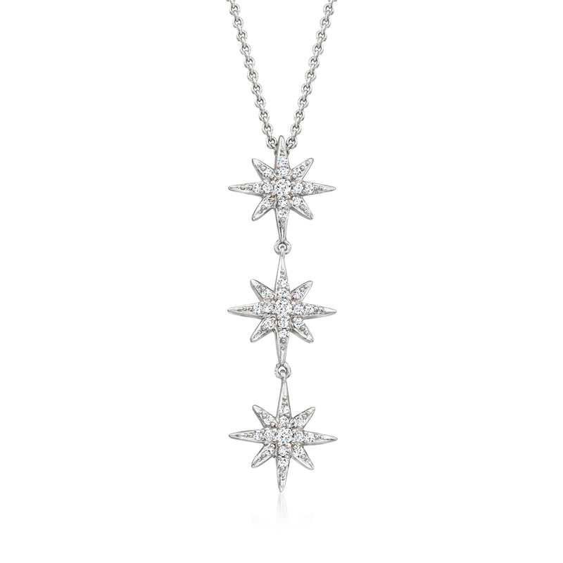 Sterling silver diamond three starburst pendant on chain, three dangling star centers