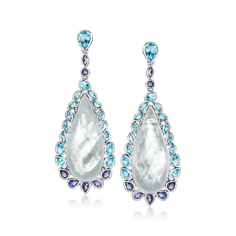 Sterling silver drop earrings: pear-shaped mother-of-pearl, blue stones, iolite accents