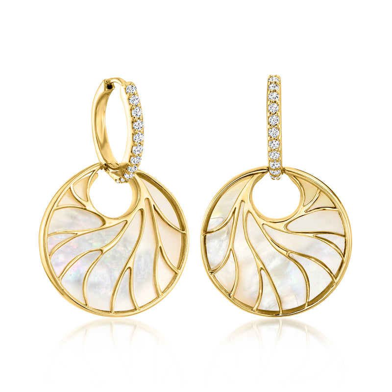 Mother-of-pearl circle hoop drop earrings with white topaz in gold over sterling