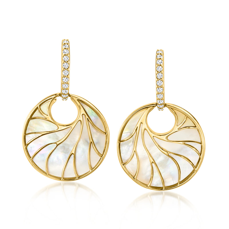 Mother-of-pearl circle hoop drop earrings with white topaz, gold over sterling