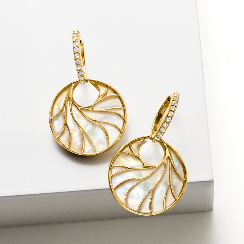Mother-of-pearl circle hoop drop earrings with pavé white topaz in gold over sterling