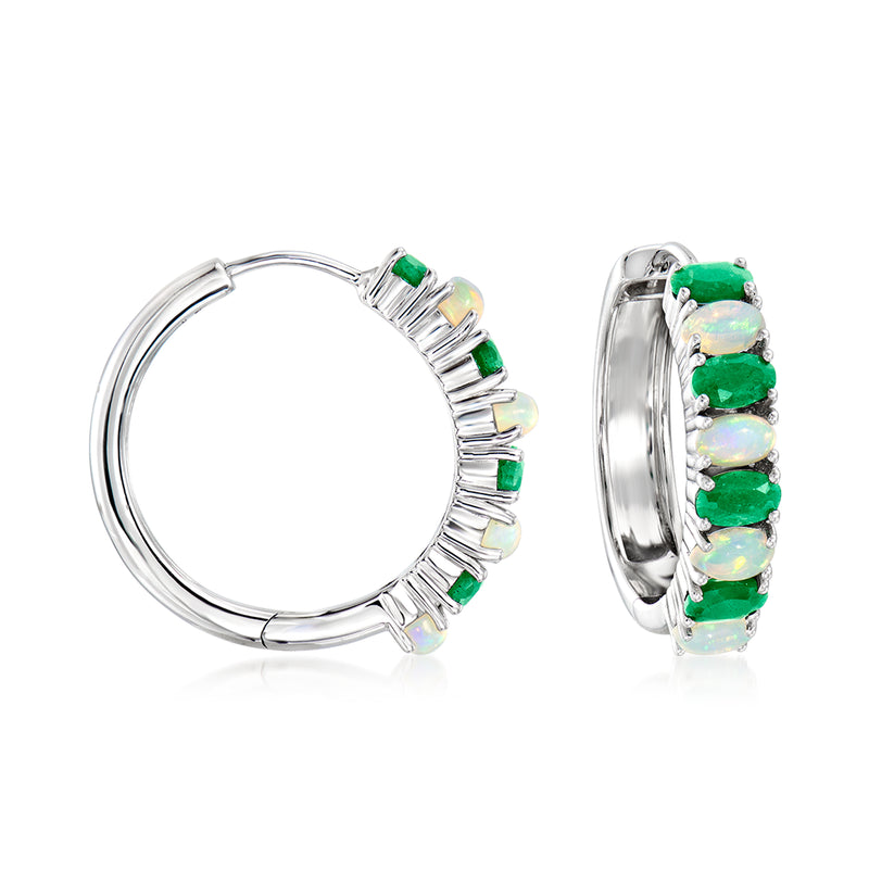 Sterling silver hoop earrings with emerald-green stones and opal-like accents