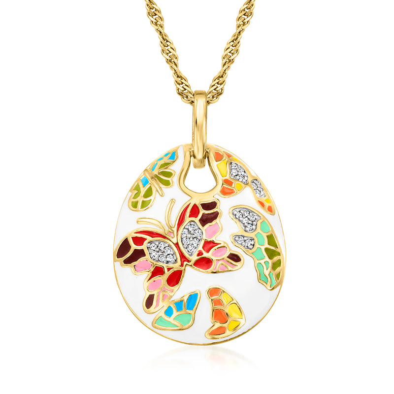 Gold-tone chain necklace with round enamel butterfly pendant in multicolor, with sparkle stones