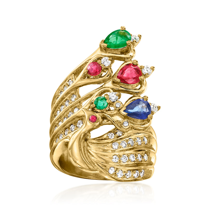 Gold peacock-style ring with green, red, blue gemstones and diamond accents