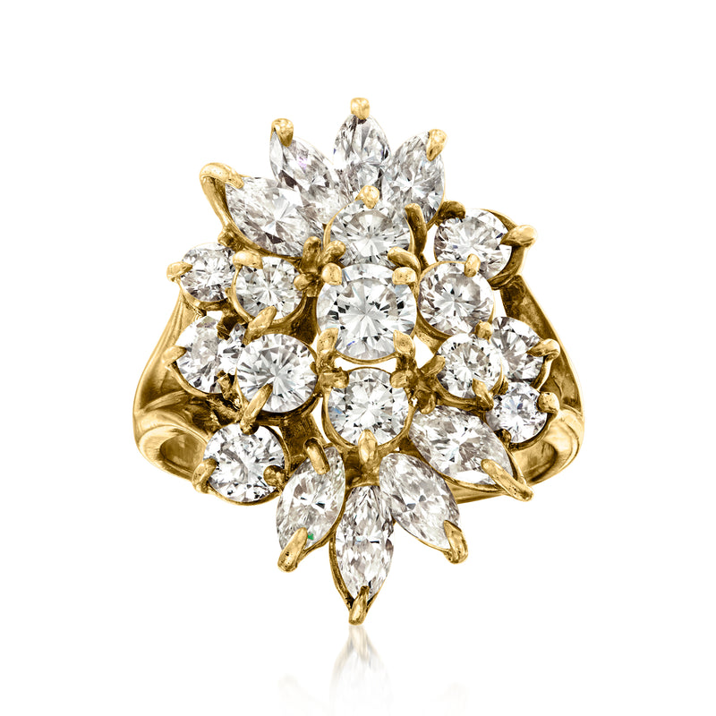 14kt yellow gold diamond cluster ring with large round-cut stones, prong-set