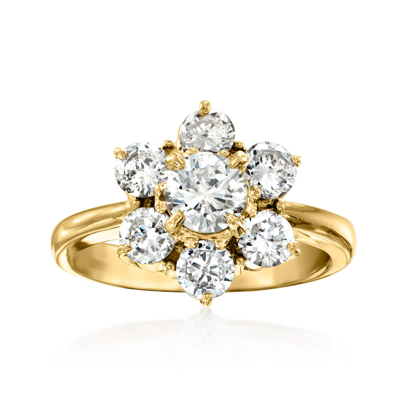 18kt yellow gold diamond flower ring with round brilliant center and six side stones
