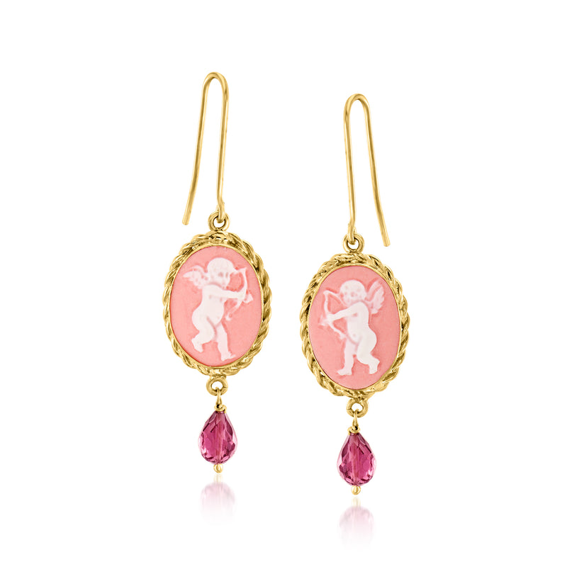 Gold cameo drop earrings with pink cherub medallions and pink teardrop gems