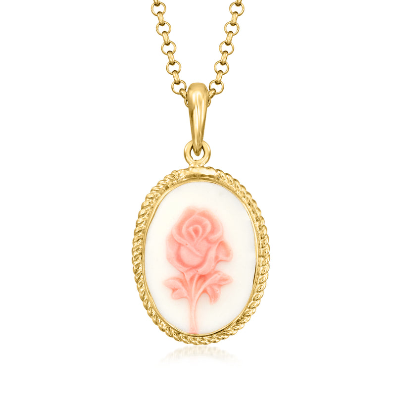 Gold over sterling oval rose cameo pendant necklace with pink floral inlay