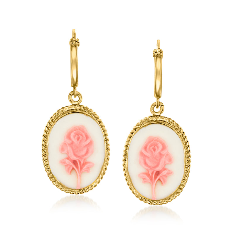 18kt gold over sterling hoop drop earrings with oval rose cameo and textured frame