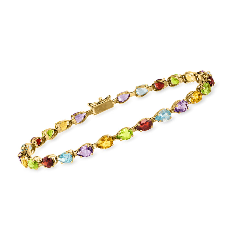 Vintage 14kt yellow gold bracelet with colorful oval gemstone stations, hinged clasp