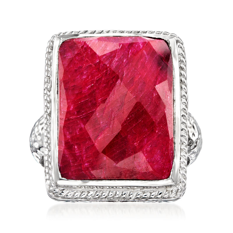 Sterling silver ruby square gemstone ring with braided halo and cushion bezel