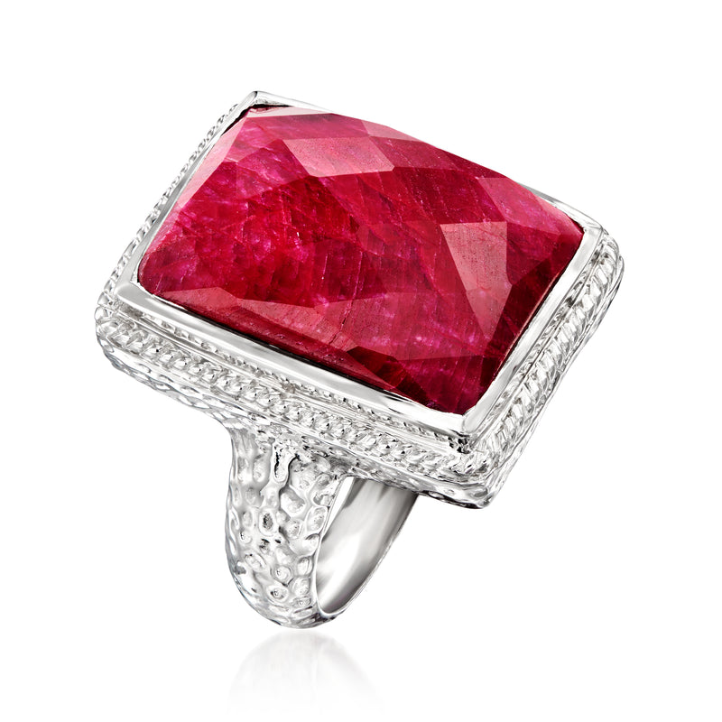 Sterling silver ruby square-cut gemstone ring with textured band
