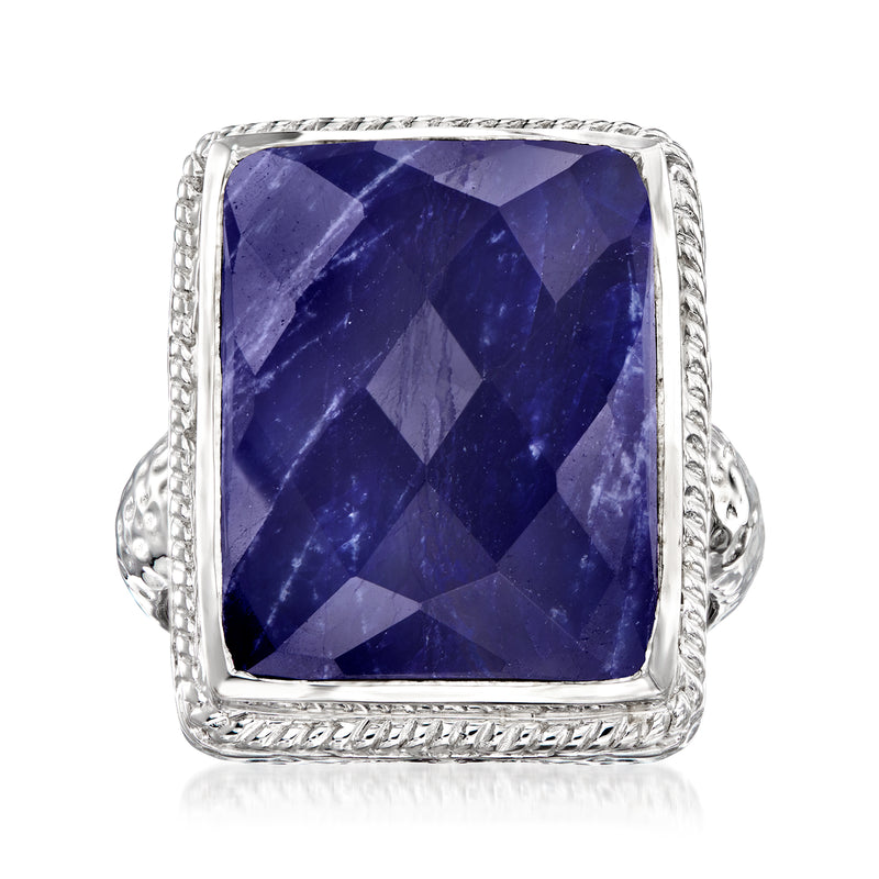 Sterling silver ring with large square blue sapphire and rope-textured bezel edges