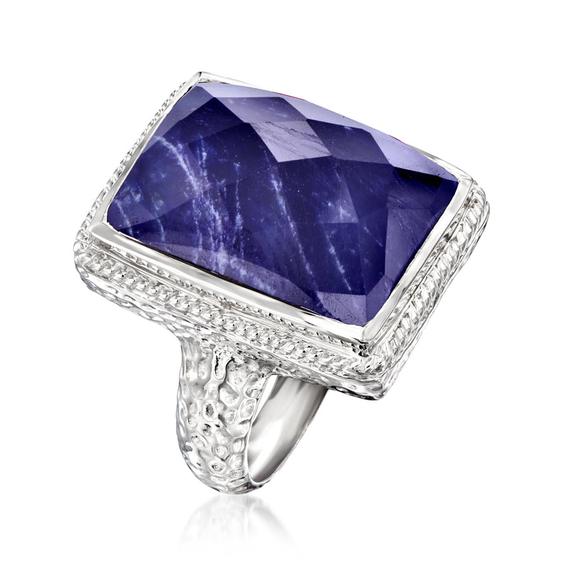 Sterling silver ring with square faceted blue sapphire and rope-edge border
