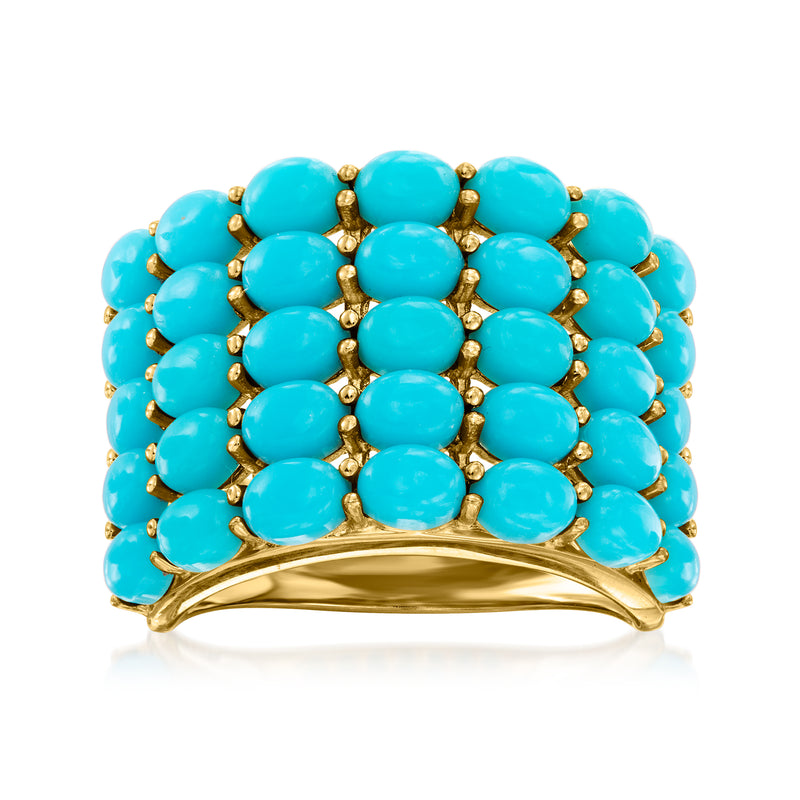 Turquoise bead multi-row ring with oval cabochons and gold-tone metal setting