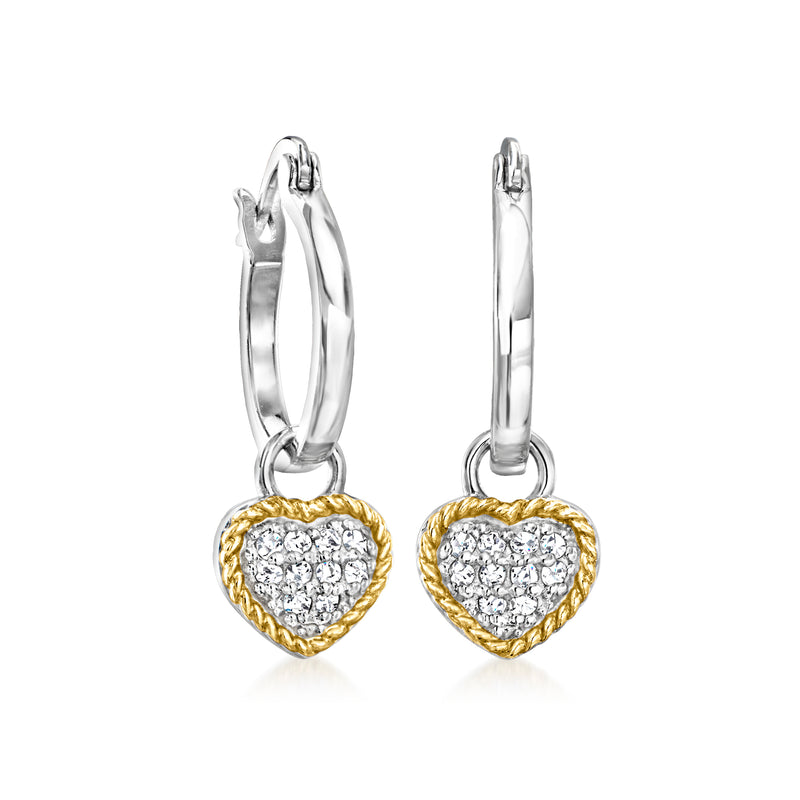 Sterling silver hoop earrings with diamond heart charm and 14kt yellow-gold edging