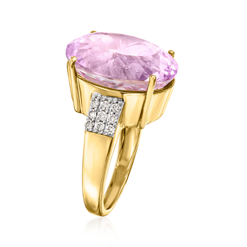 Yellow gold kunzite ring with oval pink center and square-set diamond side panels