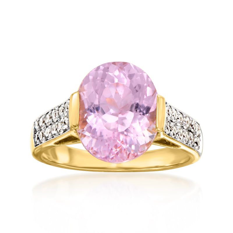 Kunzite ring in 14kt yellow gold with oval pink center stone and diamond shoulders
