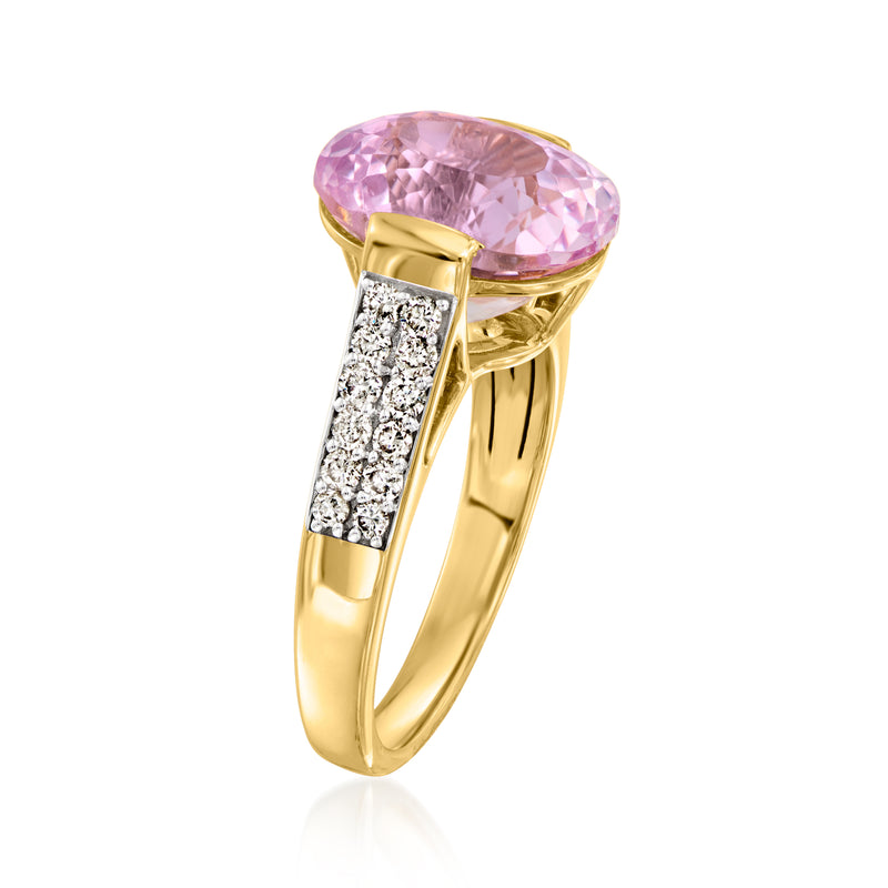 Yellow gold ring with oval pink gemstone prong-set over diamond inlay band