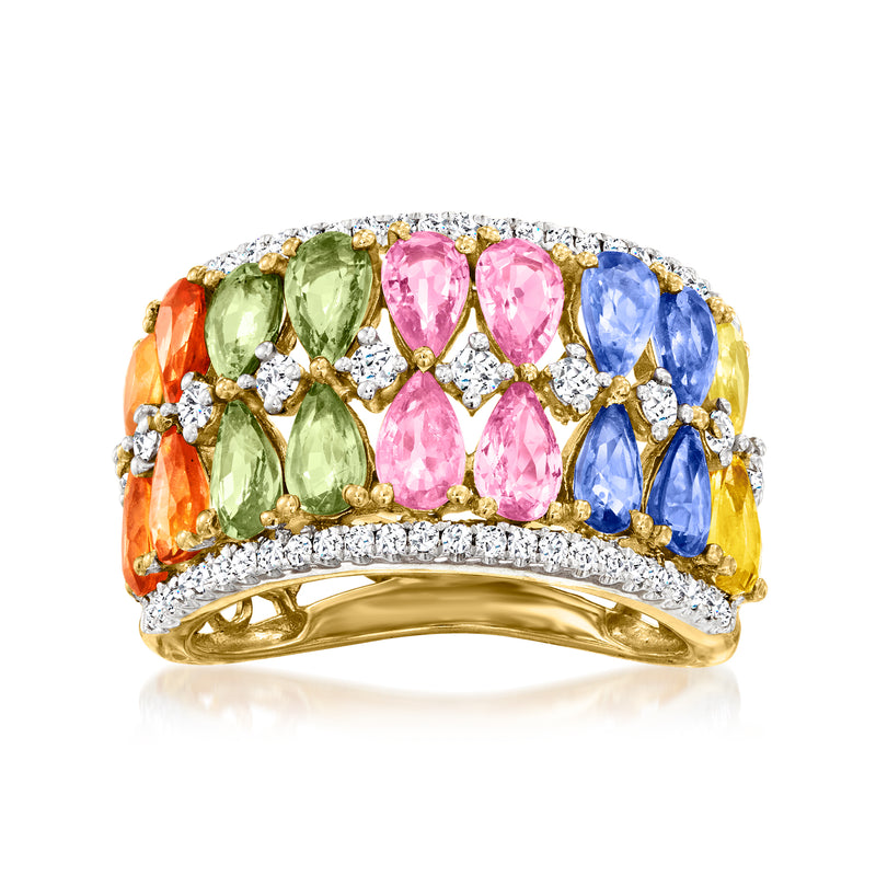 Two-row yellow gold ring with multicolored oval sapphires and diamond accents