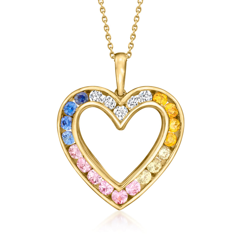 14kt yellow gold heart pendant necklace with multicolored sapphire and diamond bezel