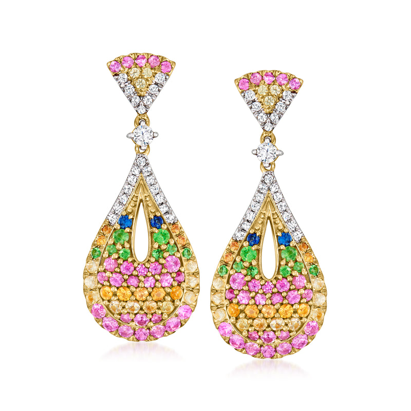 Yellow gold drop earrings with multicolored sapphire pear clusters and diamond accents