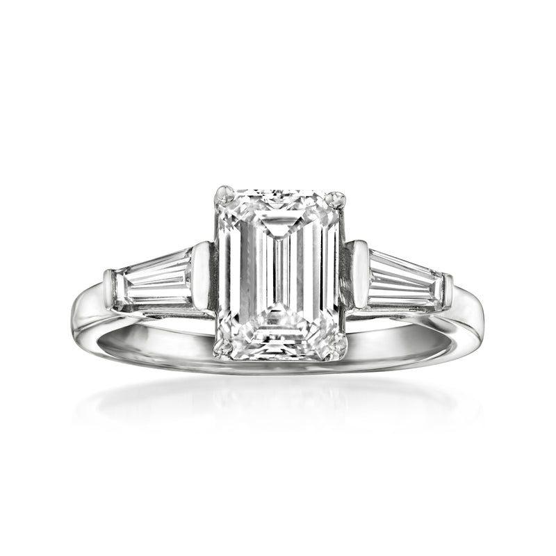 14kt white gold lab-grown diamond ring with emerald-cut center and baguette side stones