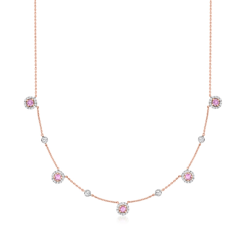 14kt rose gold station necklace with pink sapphire and round diamond accents