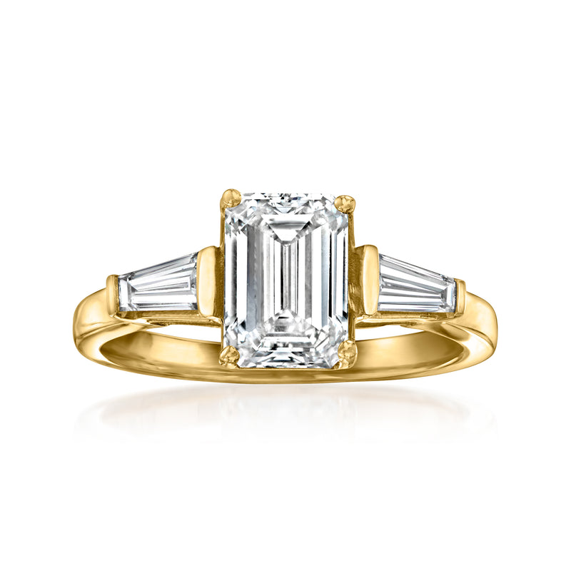 14kt yellow gold ring with emerald-cut lab-grown diamond and baguette side stones
