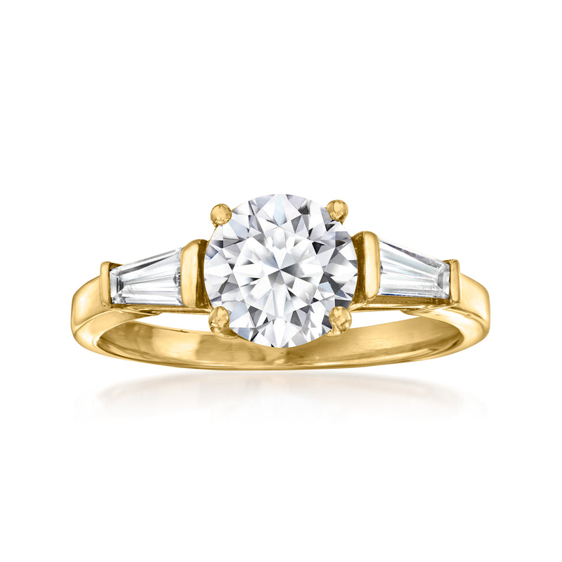 14kt yellow gold ring with round lab-grown diamond center and baguette side stones