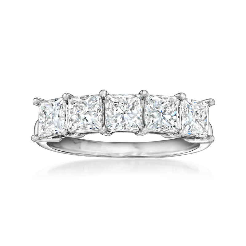 Five-stone princess-cut diamond ring in 14kt white gold with three front stones