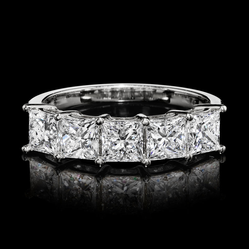 Five-stone princess-cut diamond ring in 14kt white gold, top view of band