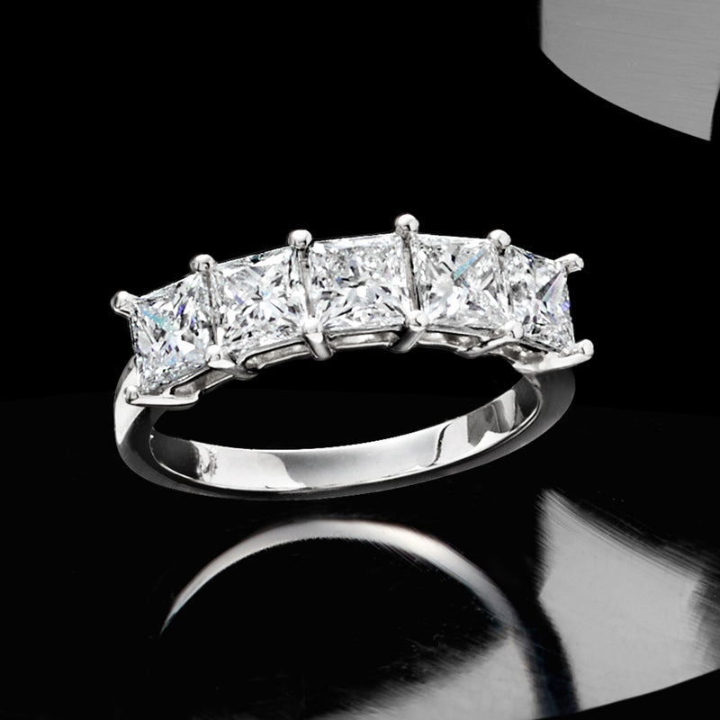Five-stone princess-cut diamond ring in 14kt white gold, angled view