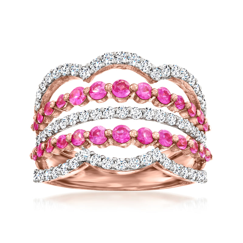 Rose gold multi-row ring with pink sapphires and diamond bands