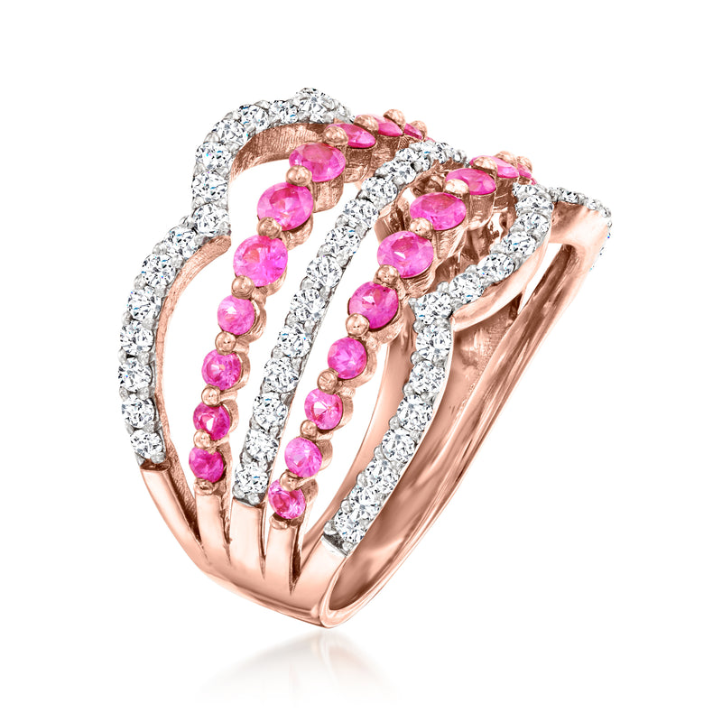 Rose gold multi-row ring with pink sapphires and diamond accents