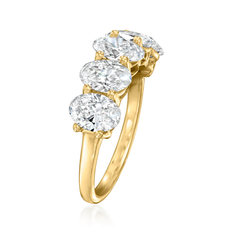 Five-stone oval lab-grown diamond ring, 14kt yellow gold band, side view