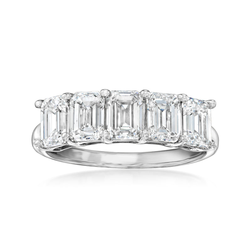 Five-stone emerald-cut diamond ring in 14kt white gold with five emerald-cut stones.