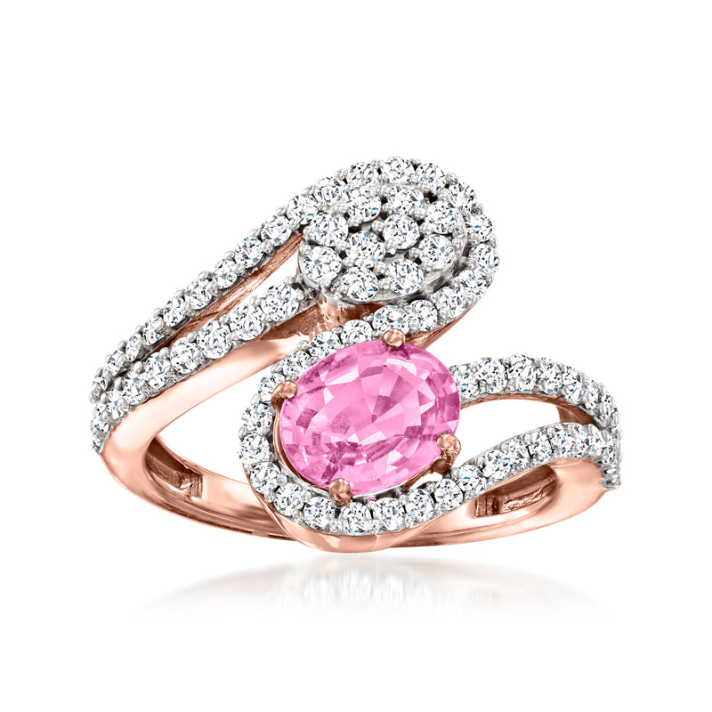 14kt rose gold bypass ring with oval pink sapphire and diamond halo accents
