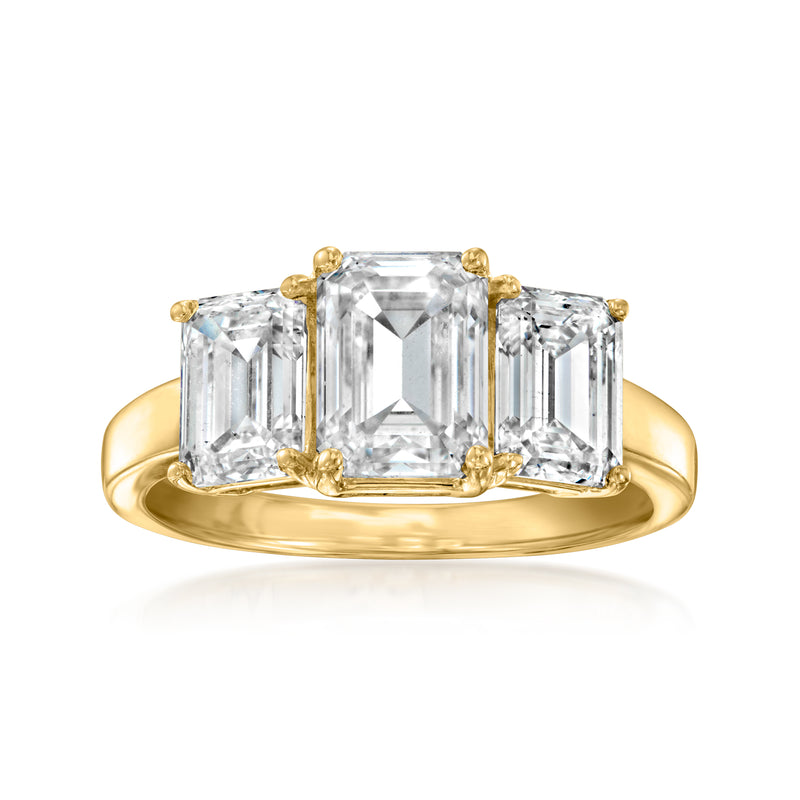 Three-stone emerald-cut lab diamond ring in 14kt yellow gold