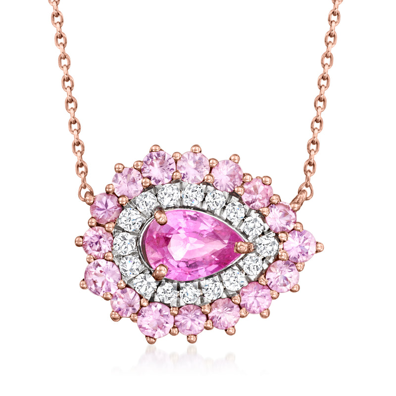 Rose gold teardrop necklace pendant with pink center sapphire, diamond halo, chain