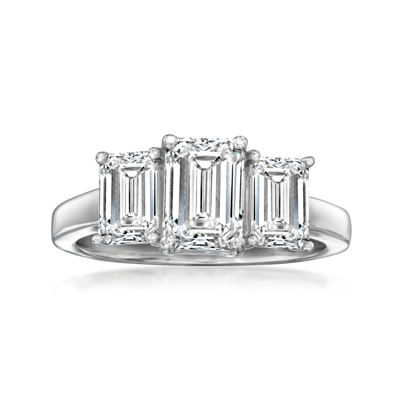 14kt white gold three-stone emerald-cut diamond ring with rectangular prongs
