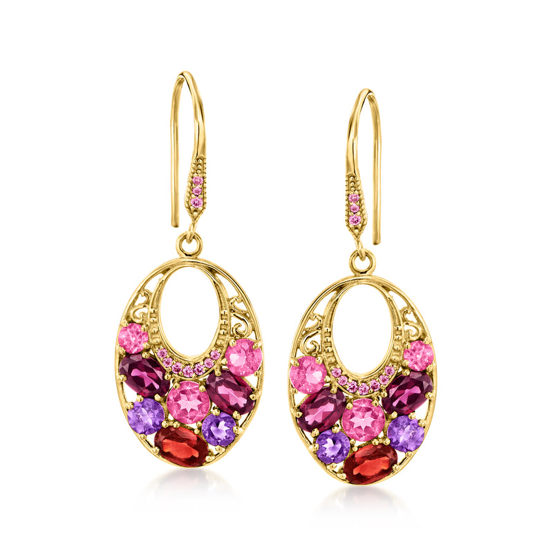 Gold over sterling multi-gem drop earrings with oval cluster and hinged earwire