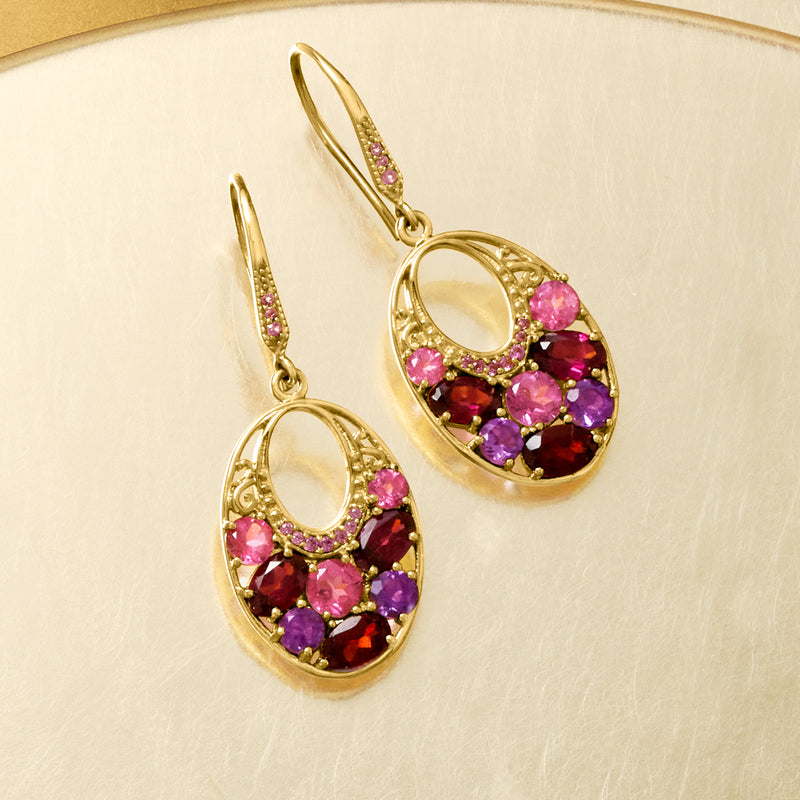 Gold over sterling multi-gem oval drop earrings, view of earwire and gemstone setting
