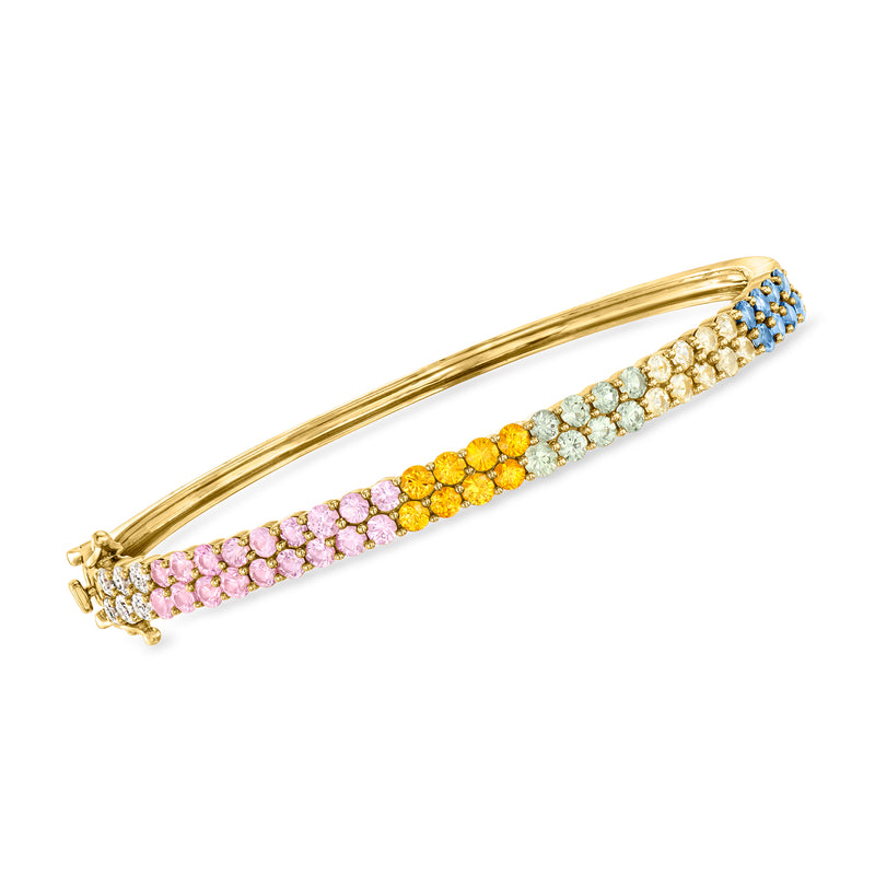 14kt yellow gold bangle bracelet with multicolored round gemstone pave row